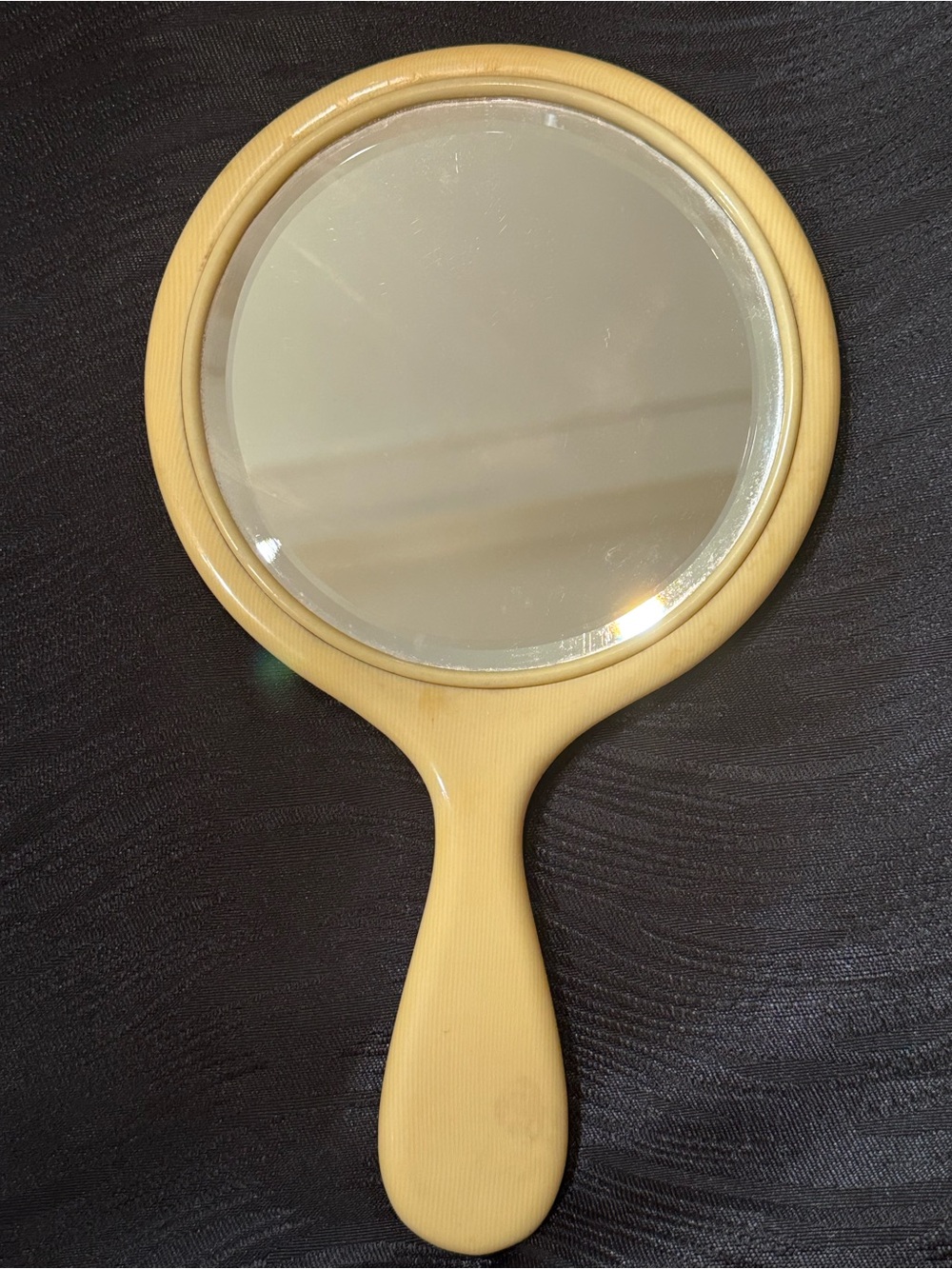 Antique 1920s-30s French Celluloid Style Hand Mirror Beveled Glass Vanity